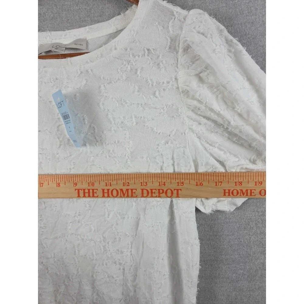 LOFT White Puff Sleeve Top M Petite Textured Fluffy Fabric Cottagecore Fairy NEW